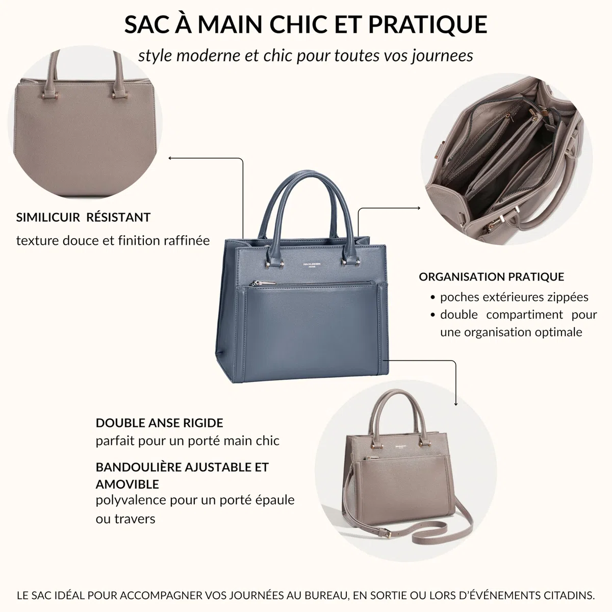 David Jones Paris - Bolso de mano para mujer y ciudad, tamaño mediano, piel sintética, doble compartimento y bolsillos de plumero – Chic Clásico elegante práctico