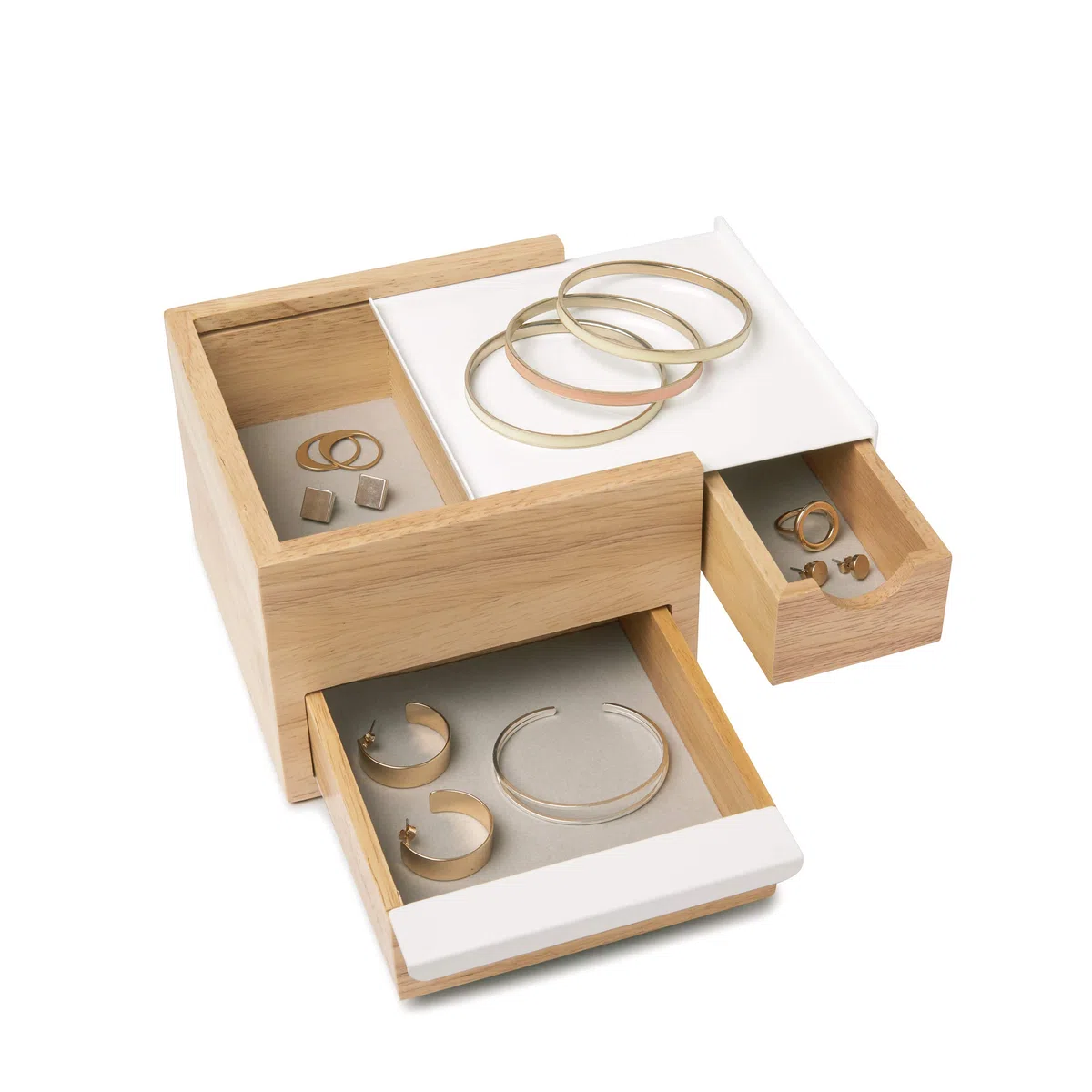 Umbra Mini Stowit Caja de joyas - Moderno organizador de joyas con cajones de compartimento oculto para anillo, pulsera, reloj, collar, pendientes y accesorios, Blanco/Natural