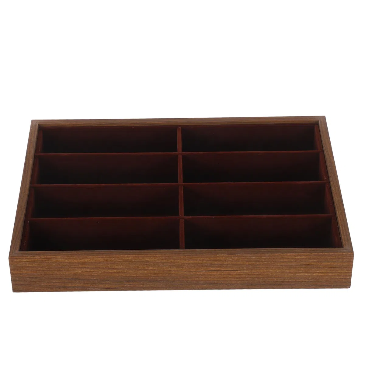 Bandeja Organizadora para Gafas 8 Compartimentos en Madera Nogal Piel, Estuche sin Tapa para Almacenamiento de Gafas de Sol y Exhibición de Joyas, Soporte Multiusos para Hogar
