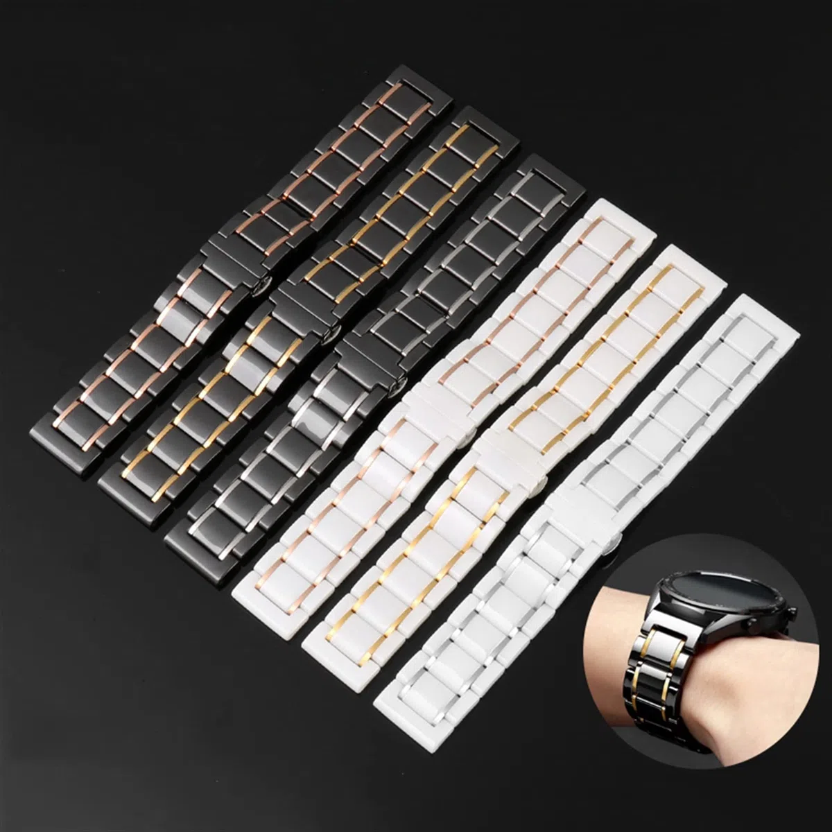 Correa de cerámica y acero inoxidable de lujo de 20 mm y 22 mm de oro negro para hombres y mujeres