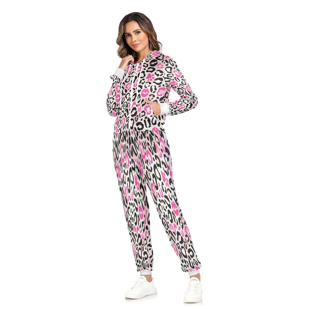 Conjunto deportivo de 2 piezas para mujer, diseño de labios besados, piel de leopardo, conjunto deportivo de manga larga, conjunto deportivo de piel de animal