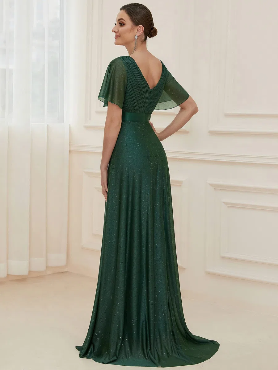 Ever-Pretty Vestido de Fiesta A-línea Largo para Mujer Escote en V Manga Corta Plisado con Lentejuelas Verde Oscuro 44