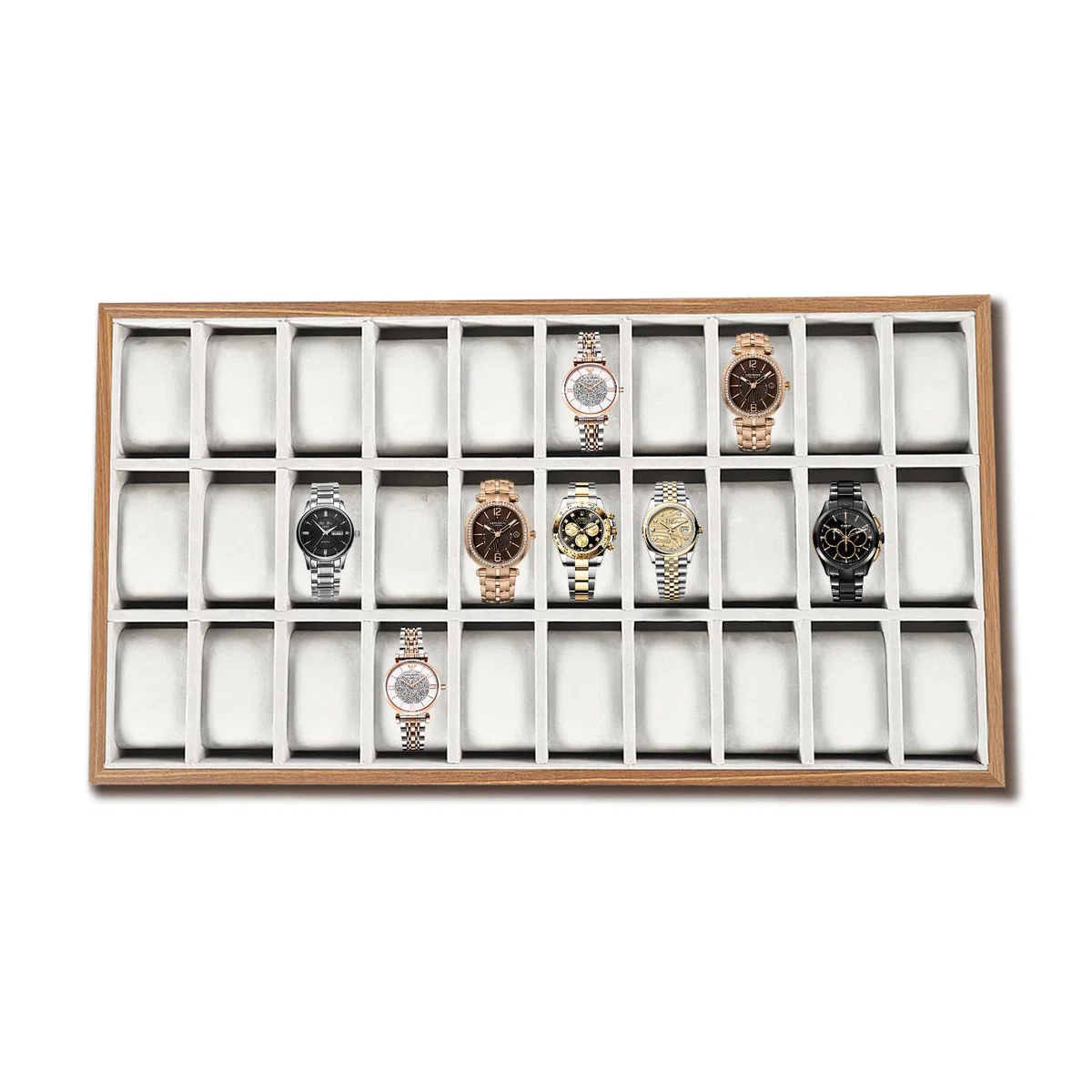 Caja de reloj para 30 relojes, caja de reloj con 30 compartimentos, caja de reloj con cojín extraíble, textura de madera, caja de almacenamiento 53,5 x 29,2 cm