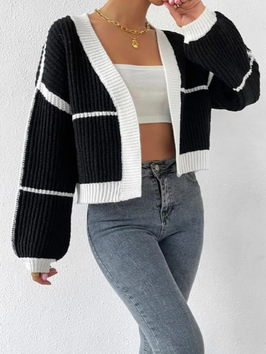 Cárdigan Corto para Mujer Cárdigan de Punto Grueso En Contraste Suéter Corto Abierto para Mujer Abrigo de Punto para Otoño e Invierno Chaqueta de Punto Jerséis Y Tops para Uso Diario.