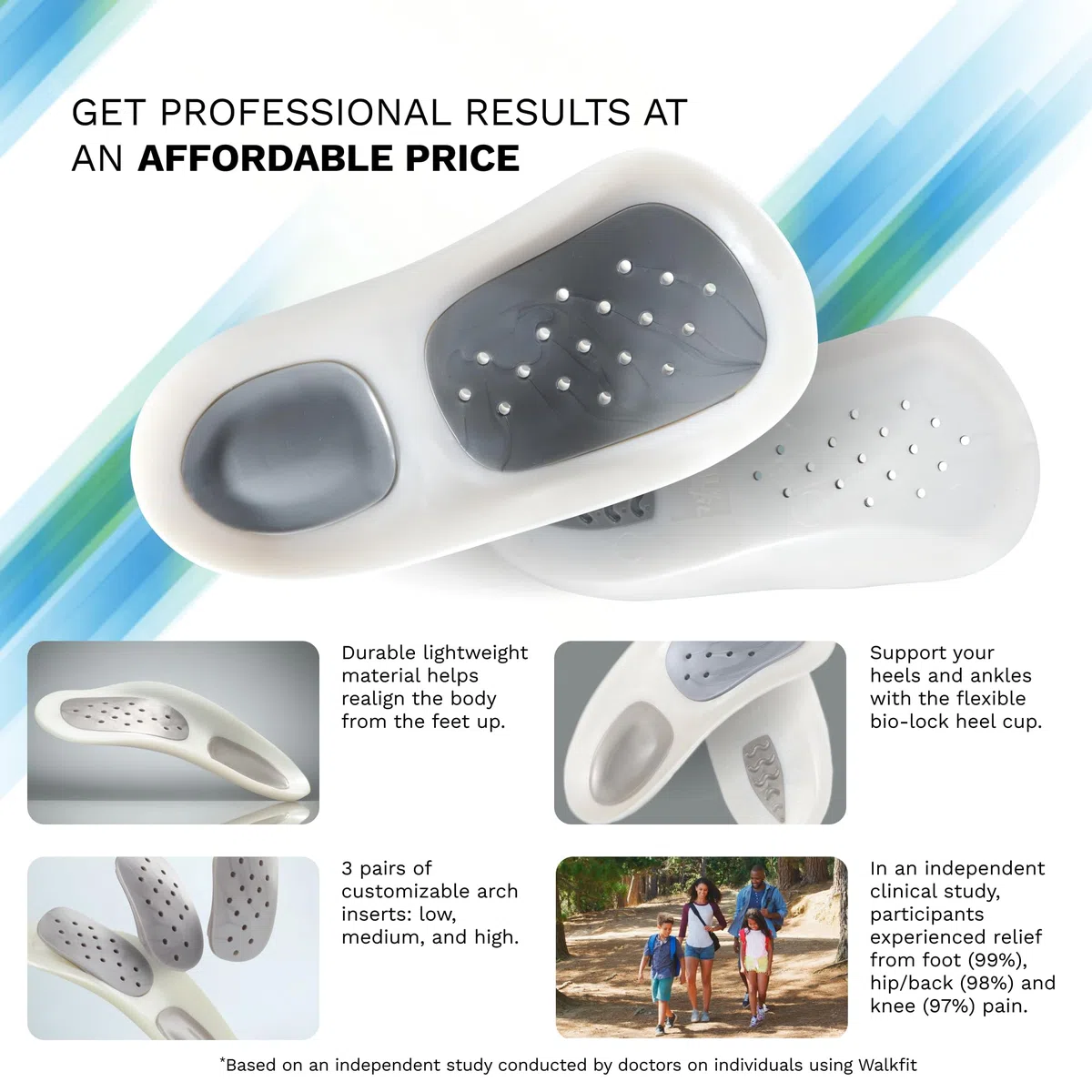 WalkFit Platinum Plantillas ortopédicas para fascitis plantar y aliviar el dolor del pie, espalda, cadera, pierna y rodilla, mejoran la alineación del equilibrio (hombres 7-7.5 / mujeres 8-8.5)