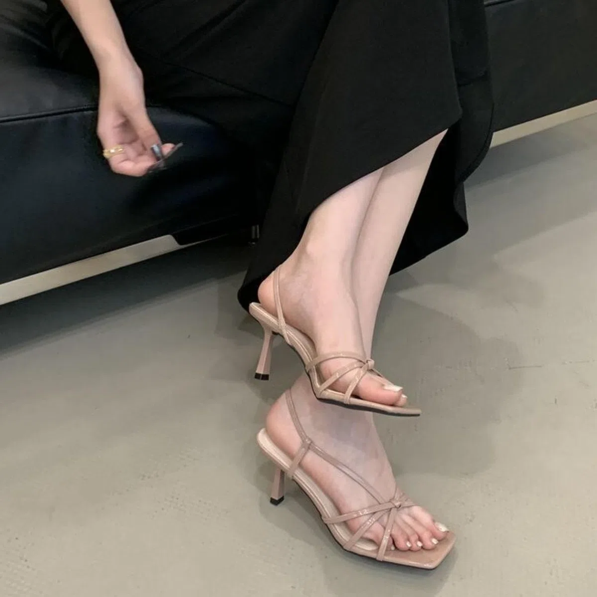 Sandalias Mujer Tacón Punta Cuadrada Tiras Cruzadas Slingback