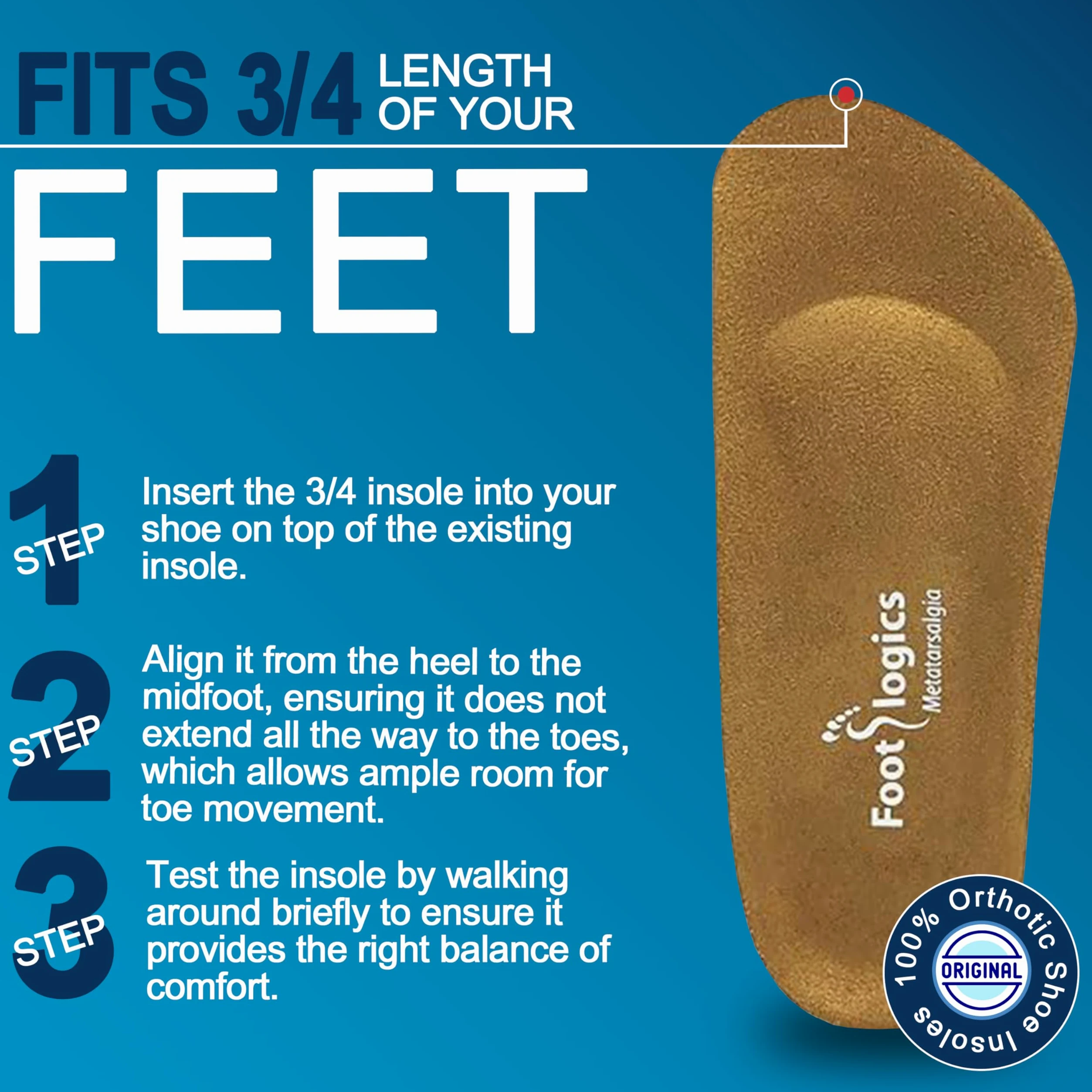 Footlogics Plantillas ortopédicas de 3/4 de longitud con elevación integrada para dolor de bola de pie, neuroma de Morton, pies planos, metatarsalgia, Longitud de la metatarsalgia: gamuza, M (Men's 8