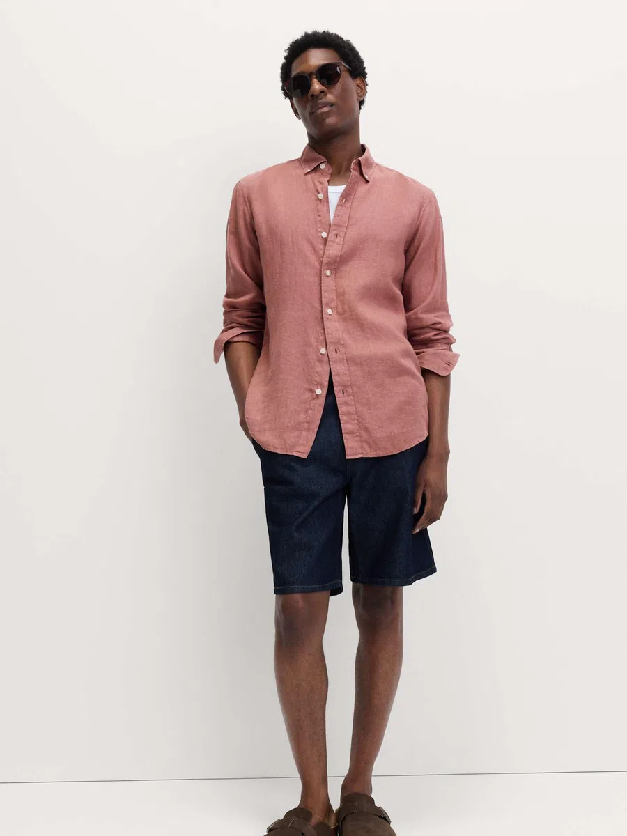 Marks & Spencer Camisa de Lino Puro Teñida en Prenda para Hombre, Ajuste Normal