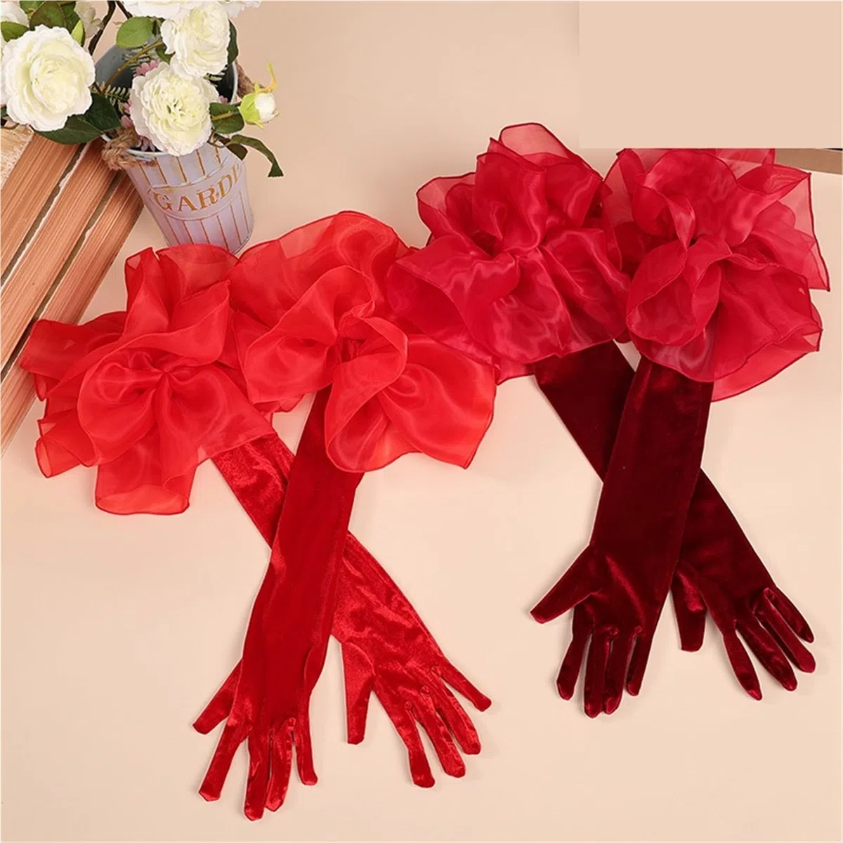 Guantes largos de terciopelo con volantes, color liso, manga mano for mujer, vestido novia, accesorio fotográfico, ropa, guante Para Cena Fiesta