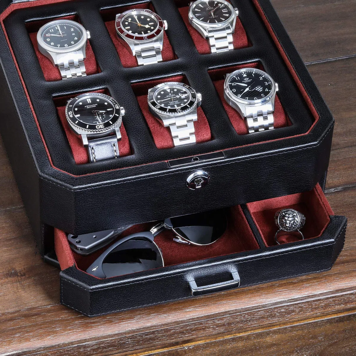 ROTHWELL Caja de reloj de cuero de 6 ranuras con cajón de servicio, organizador de exhibición de caja de reloj de lujo, soporte para cajas de almacenamiento para hombres(negro/rojo)
