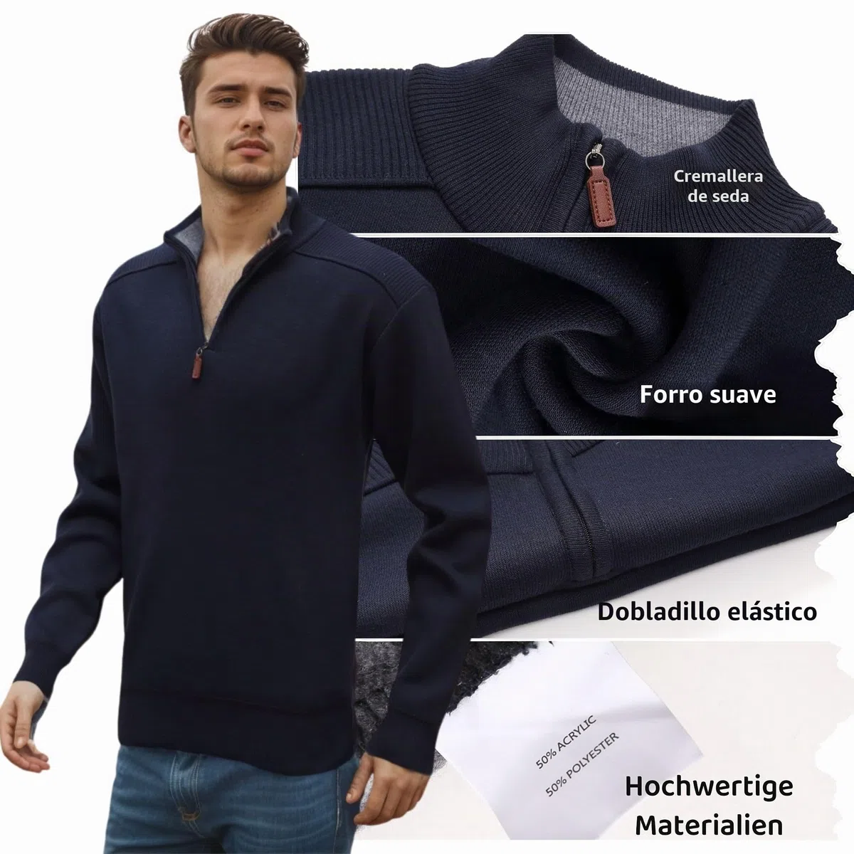 Jersey de Punto Sueter Hombre Manga Larga y Media Cremallera Otoño Invierno Jersei Clásico de Cuello Alto de Canalé Suéter de Punto