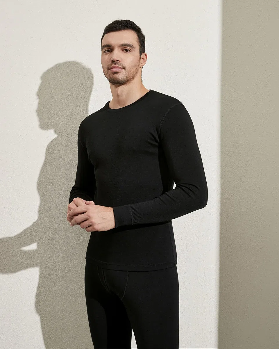 LAPASA Camiseta Interior Térmica Peso Ligero/Medio de 100% Lana Merino para Hombre Manga Larga Cuello Redondo Capa Interior M29/M67