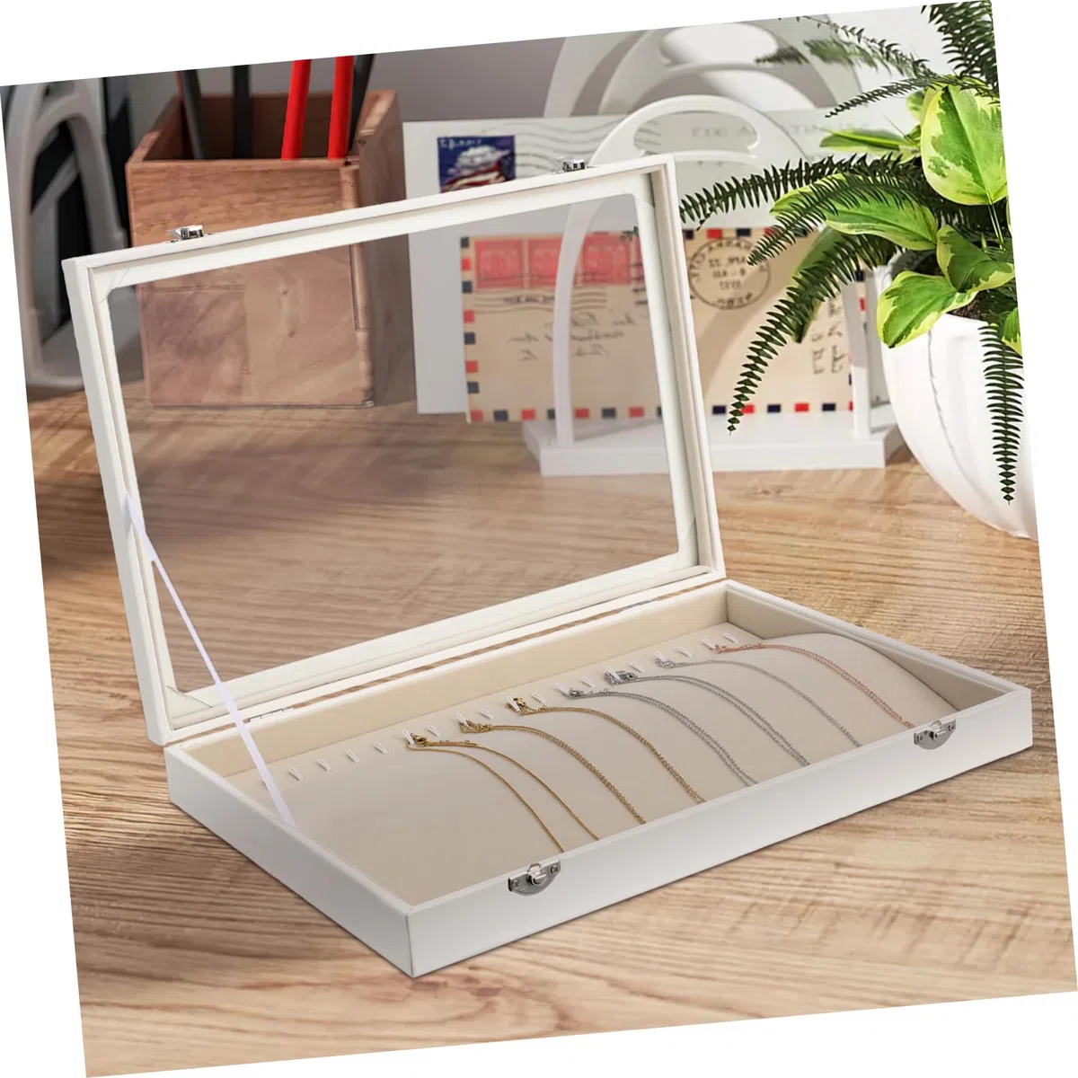 Didiseaon Caja Organizadora De Collares De Madera Tapa Transparente Expositor De Joyas Cerradura Organizador De Collares Para Mujer Almacenamiento Seguro Gran Capacidad Para Viaje y Hogar