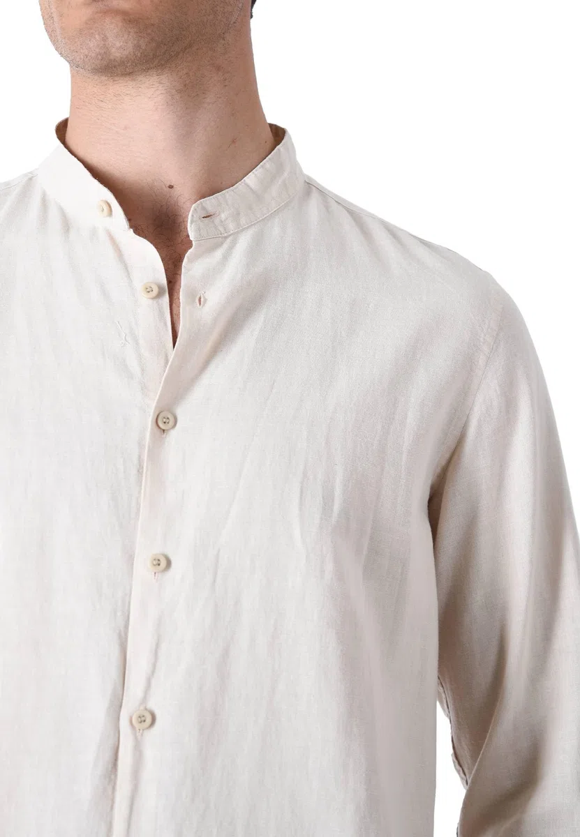Camisa de hombre 100% lino cuello coreano blanco azul beige celeste negro rosa verde manga larga verano Slim Fit Serafino Sartorial Mangas revolables beige XXL