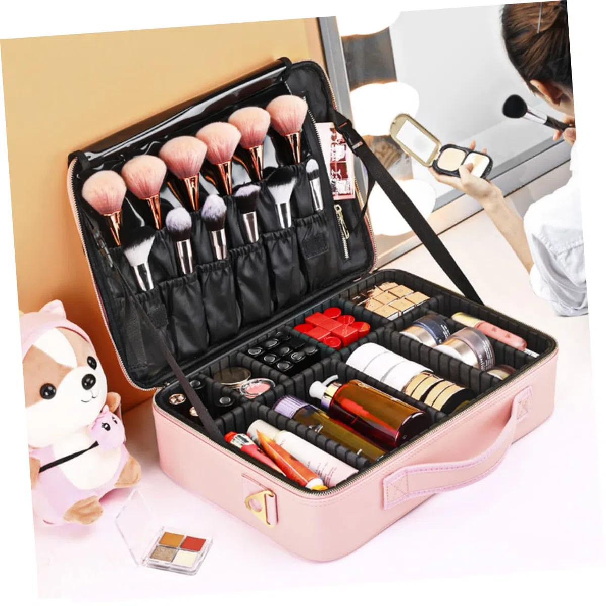 Neceser Maquillaje Mediano con Compartimentos Ajustables Bolsa Cosméticos Viaje Portátil para Mujer Rosa PU