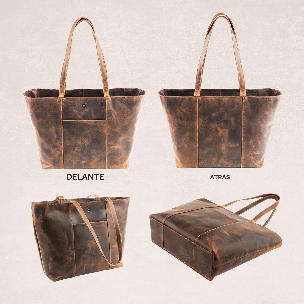 moonster Tote Bag 100% Cuero para Mujer – Bolso de Mujer Atemporal en Duradera Piel de Búfalo – Grandes Bolsos de Piel Auténtica para Mujer con Forro de Polialgodón y Aplicaciones Metálicas