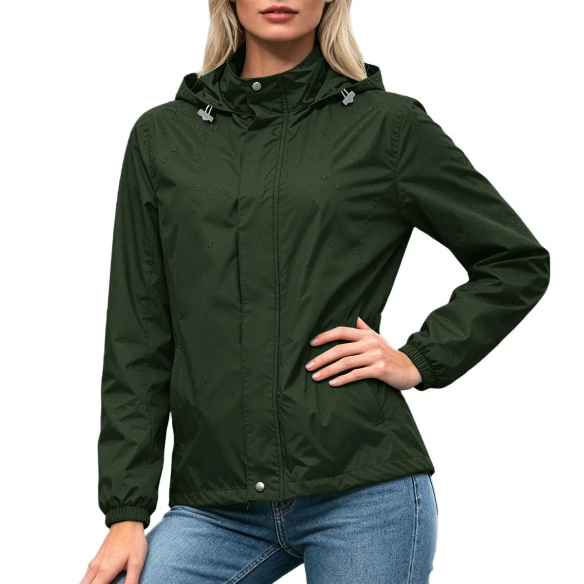Chaqueta cortavientos ligera con capucha para mujer, ideal para actividades al aire libre. Abrigo informal liso con cremallera frontal, bolsillos delanteros y cierre ajustable.