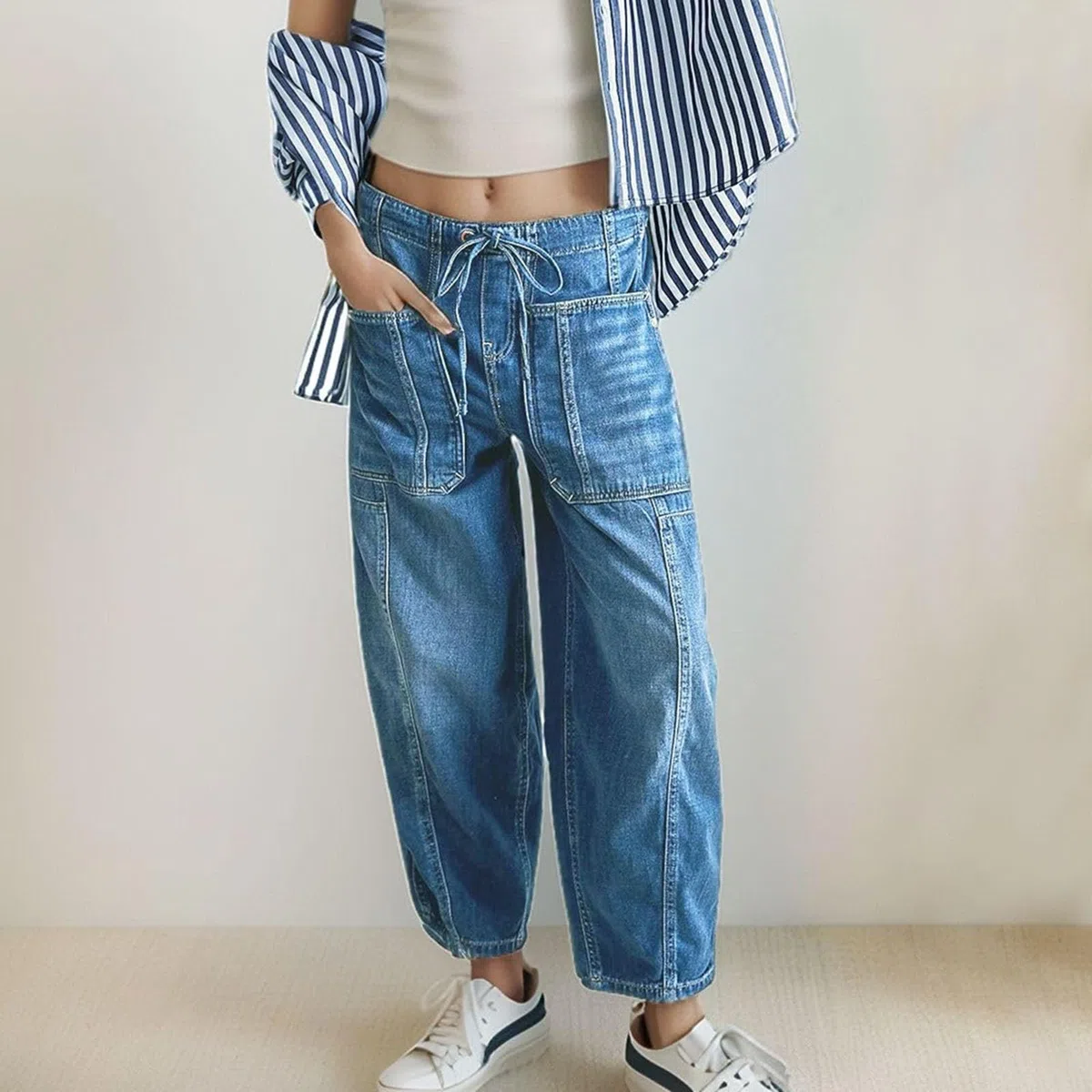 Pantalones vaqueros para mujer, cintura elástica, ajuste holgado, pantalones vaqueros con cordón, pantalones vaqueros 7/8 con bolsillos, pantalones vaqueros de cintura alta, pantalones casuales de