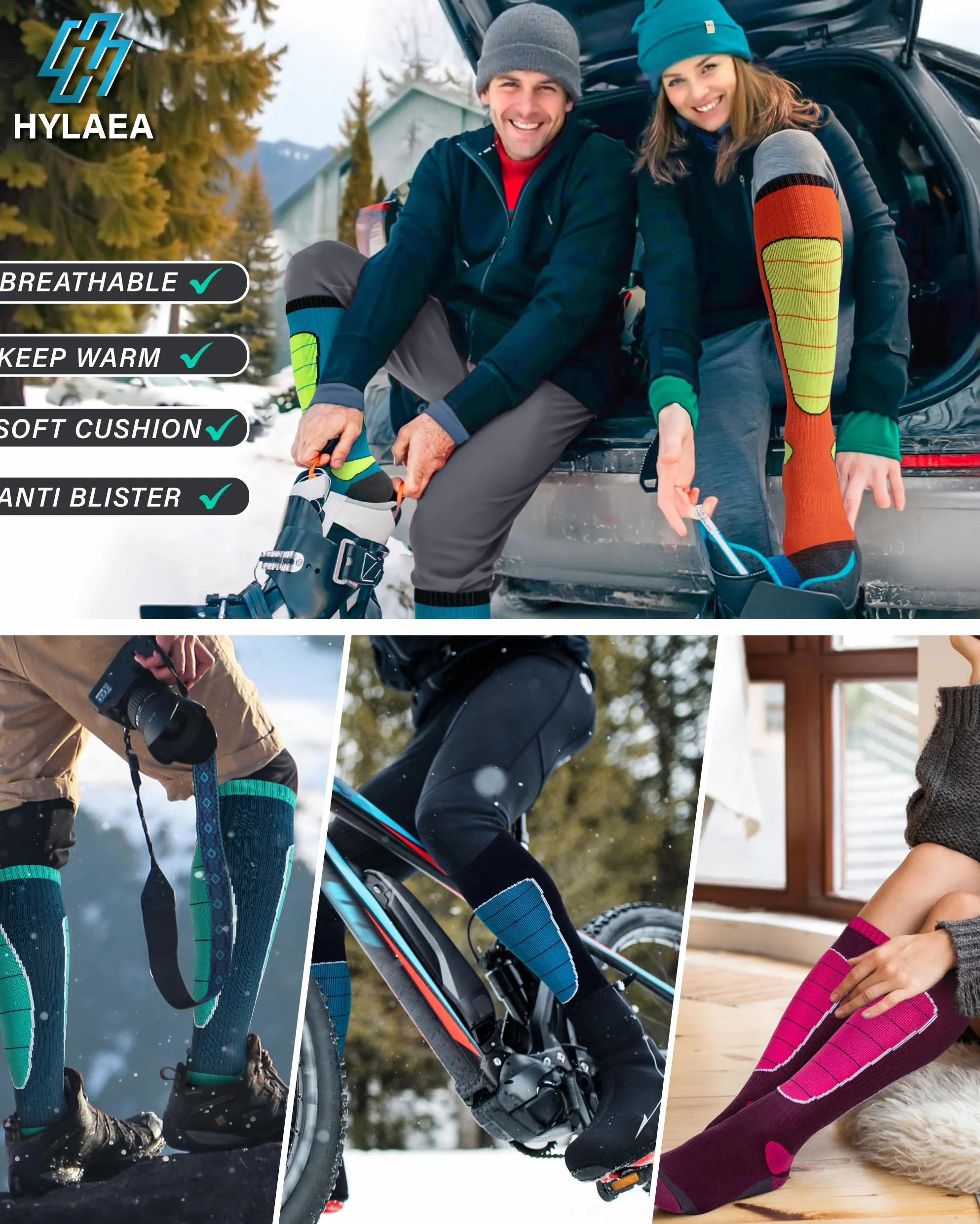 Calcetines de esquí de lana merino para snowboard, nieve, invierno, calcetines térmicos hasta la rodilla calientes, caza, deportes al aire libre (3 pares (gris negro)
