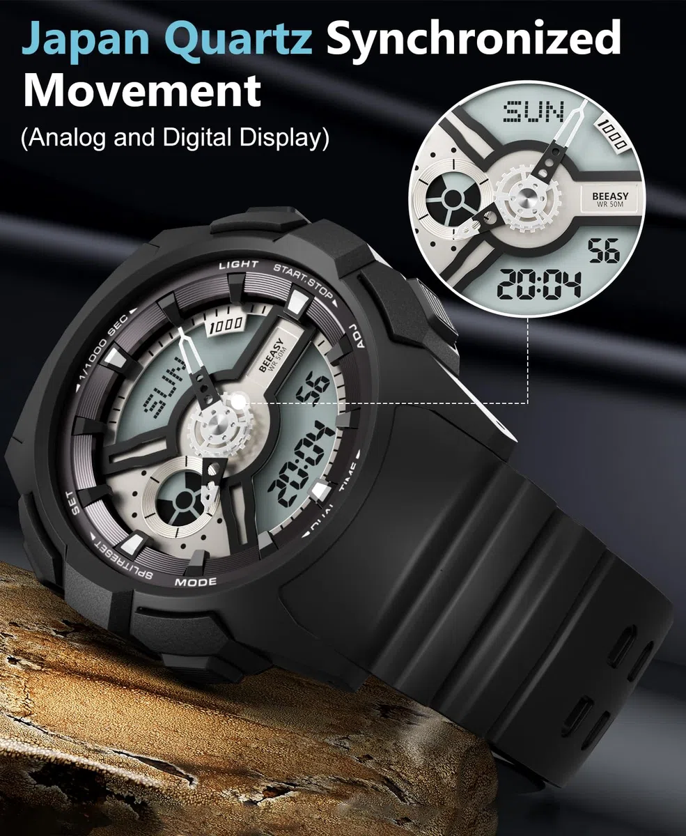 Beeasy Reloj deportivo para hombre, resistente al agua, militar, con fecha, multifunción, táctica, LED, alarma, cronómetro, Negro (Negro)
