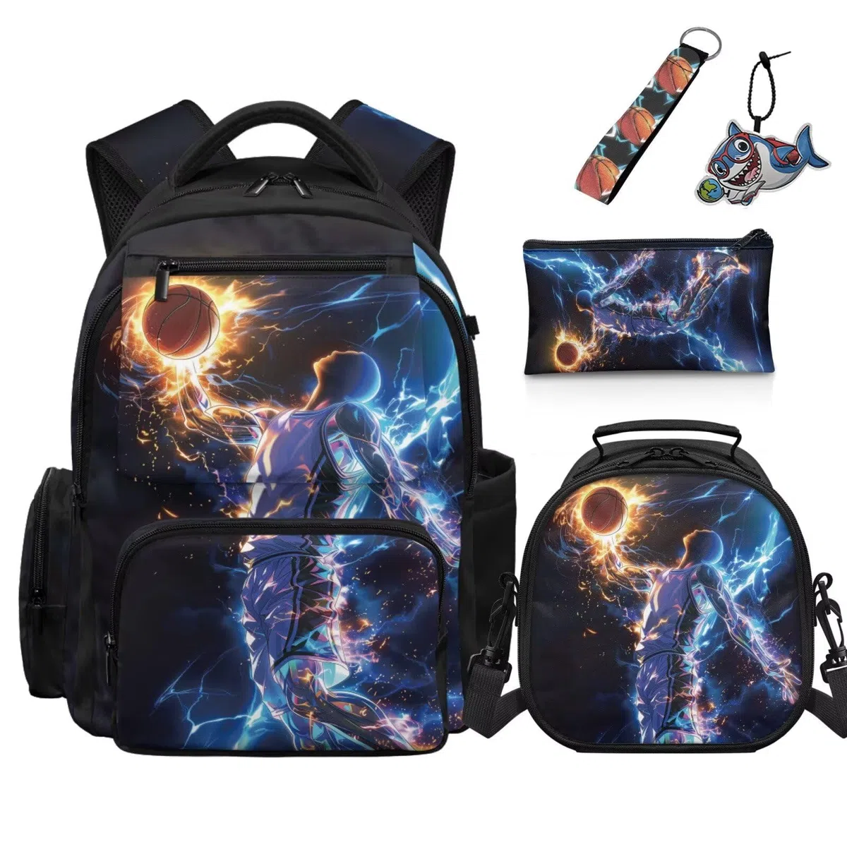 COEQINE Mochila deportiva para niños de 8 a 12 años con fiambrera, bolsa escolar de primaria, bolsa para viajes, estuche para lápices, llaveros, Basketball Lightning Blue Black Sport Player, M