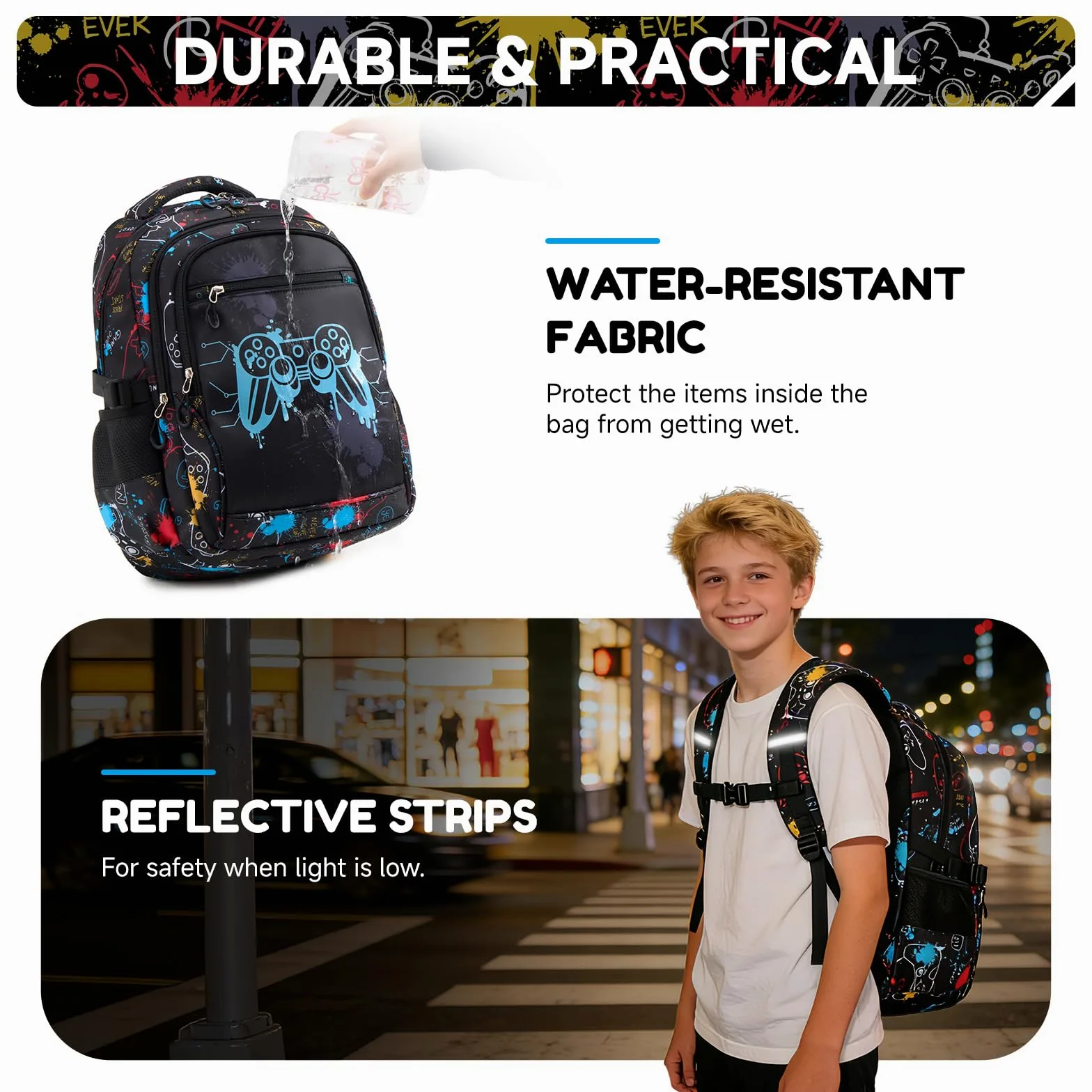 Amythe Mochila Escolar para Niños Adolescentes, Luminosa Nocturna 4 Piezas | Set Completo con Bolso Pecho, Bolsa Almuerzo & Estuche - Mochila Casual para Chicos - Impermeable para Cole Ocio, Negro