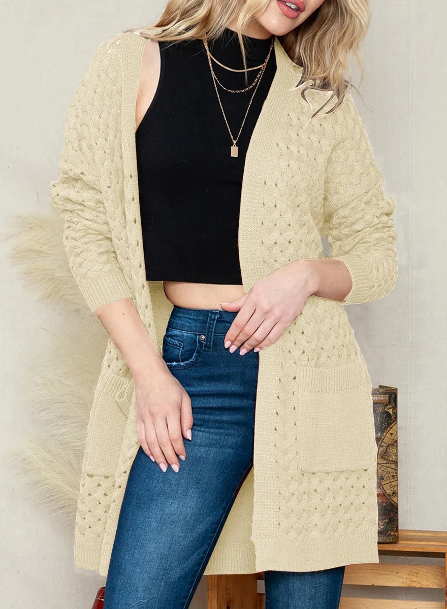 Chaqueta larga de punto para mujer, chaqueta de punto frontal abierta, abrigo con bolsillos, ropa exterior holgada informal para uso diario, beige, L