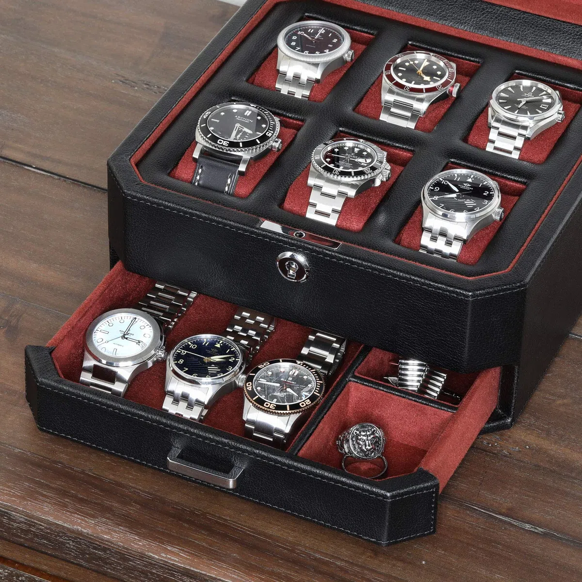 ROTHWELL Caja de reloj de cuero de 6 ranuras con cajón de servicio, organizador de exhibición de caja de reloj de lujo, soporte para cajas de almacenamiento para hombres(negro/rojo)