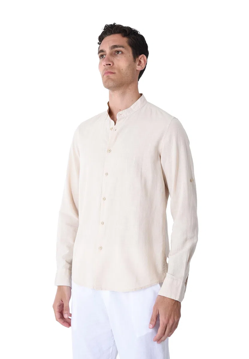 Camisa de hombre 100% lino cuello coreano blanco azul beige celeste negro rosa verde manga larga verano Slim Fit Serafino Sartorial Mangas revolables beige XXL