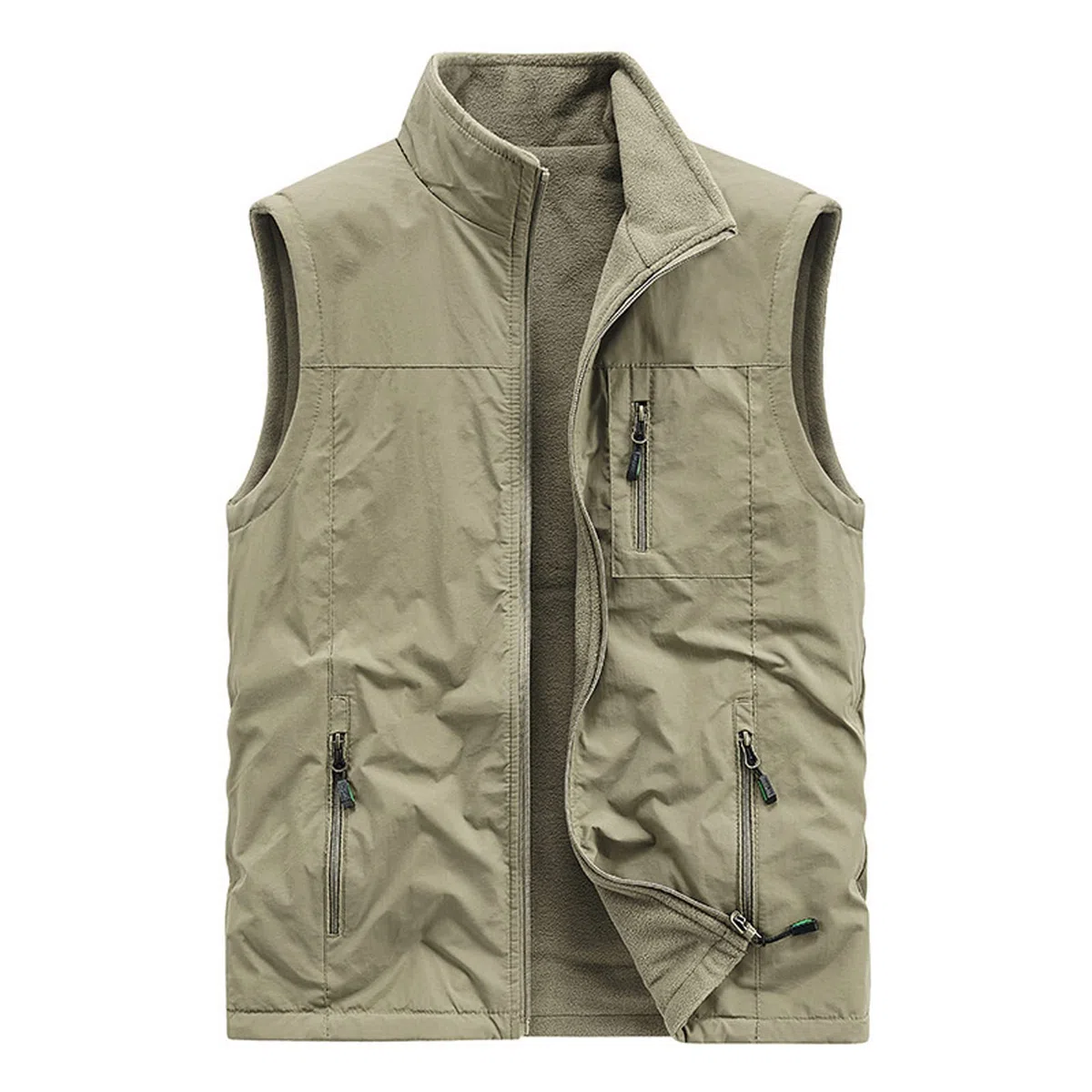 Múltiples Bolsillos Cotton para Hombres Gilet Chaleco Al Aire Libre Casual Zip Up Chaqueta Sin Mangas Cálido Pesca Chaleco De Viaje Trabajo Outerwear Khaki-L