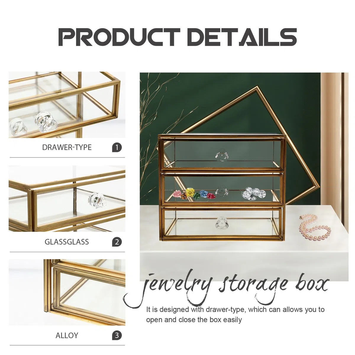 Estuche de Almacenamiento de Maquillaje Estructura de Aleación y Vidrio Diseño Transparente 3 Niveles Cajones Dorado para Joyas y Cosméticos