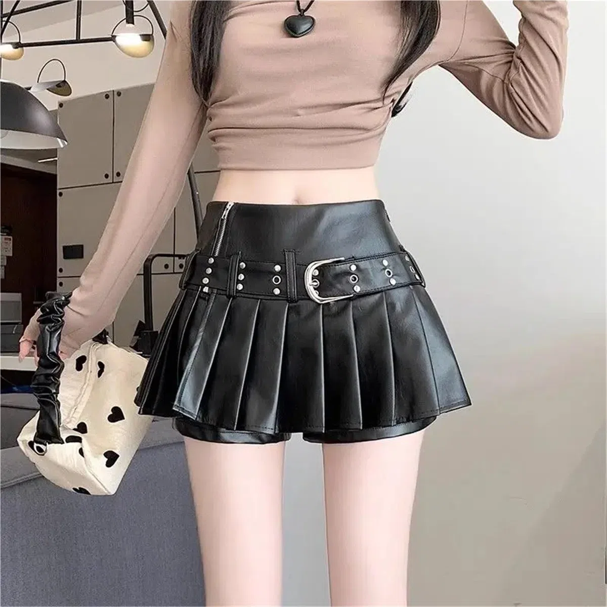 Falda de Cuero, Falda Cuero Mujer Falda Negra Retro de Cuero sintético for Mujer, otoño, Cintura Alta, Palabra A, Plisada(Samll)