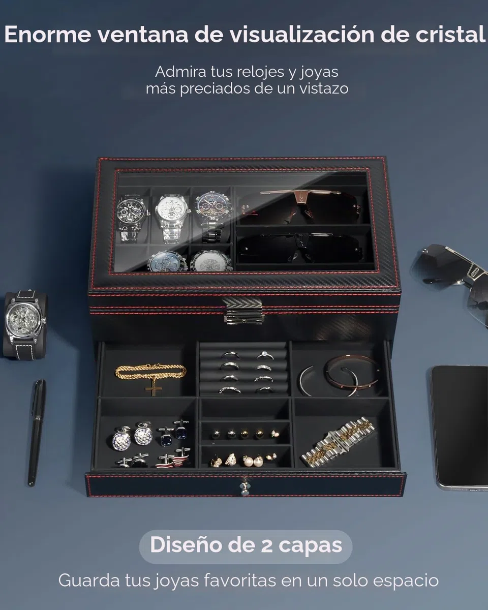 Kukikan Joyero organizador de relojes, caja de reloj y gafas de sol con tapa grande de cristal, 6 ranuras y 2 capas, joyero para hombre con cerradura, soporte para reloj, regalo para hombres y mujeres
