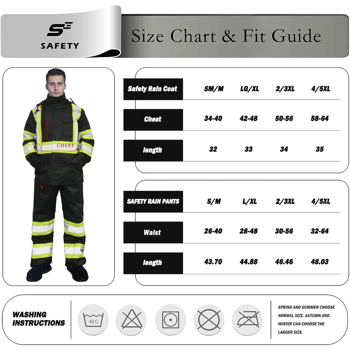 sesafety Trajes de lluvia impermeables para hombre, equipo de lluvia de alta visibilidad clase 3, chaqueta impermeable de alta visibilidad con parte inferior negra