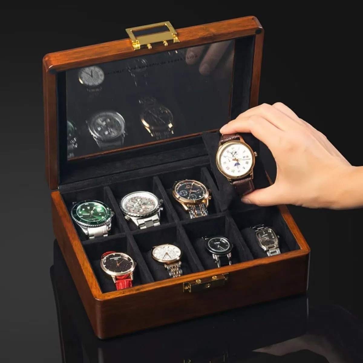 Cajón Relojero de Madera Maciza con 8 Ranuras Tapa de Cristal Nogal Expositor Organizador para Hombre Mujer, 8 Slots-Forro de Terciopelo Negro, Madera Maciza de Teca Dorada