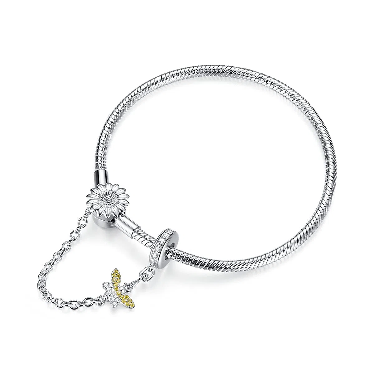 Pulsera De Cadena De Serpiente De Plata De Ley Con Flor De Bracelet