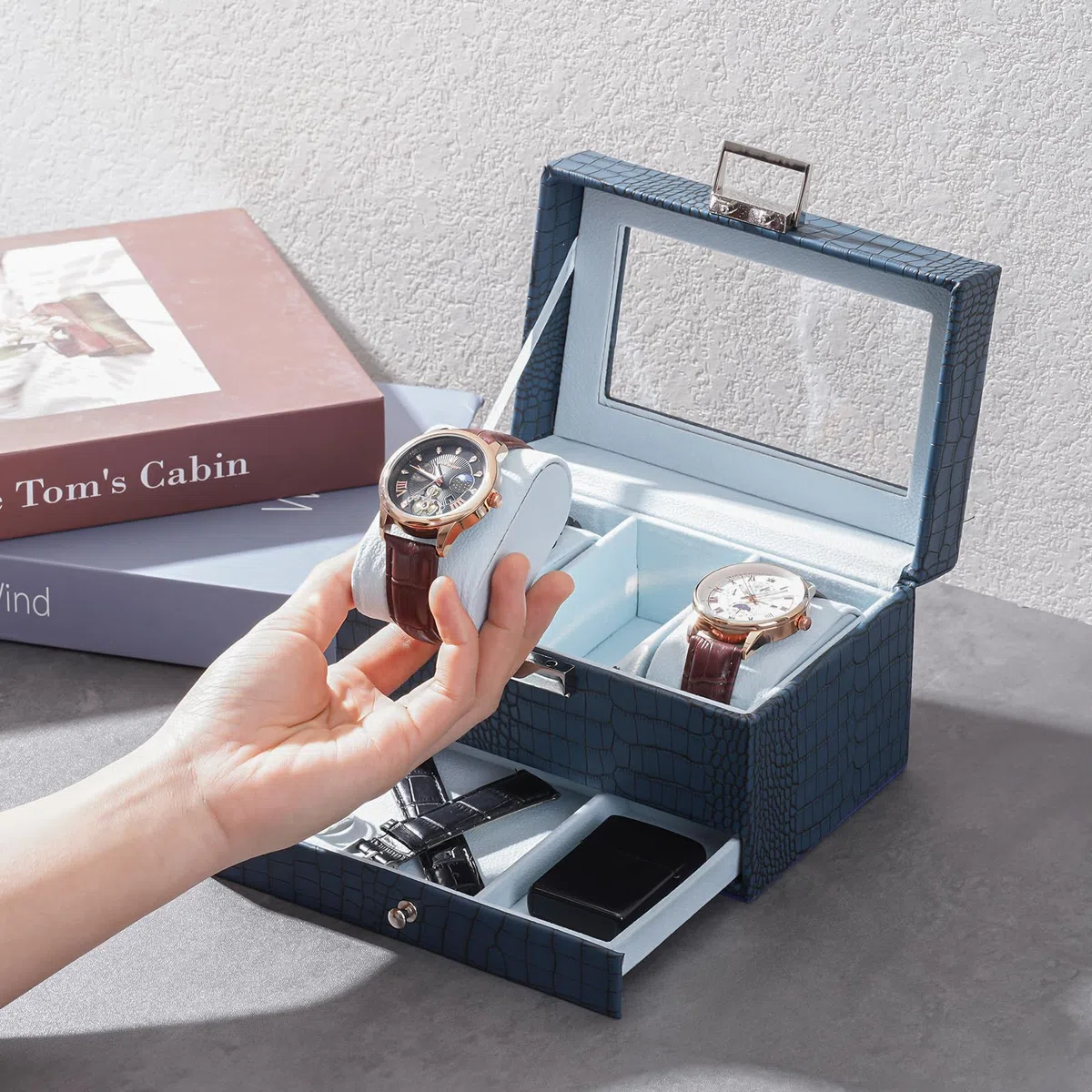 Caja para relojes para hombre, estuche de exhibición de 3 ranuras con cajón, estuche para relojes de hombre con tapa de cristal, organizador de almacenamiento de joyas y relojes de 2 capas p