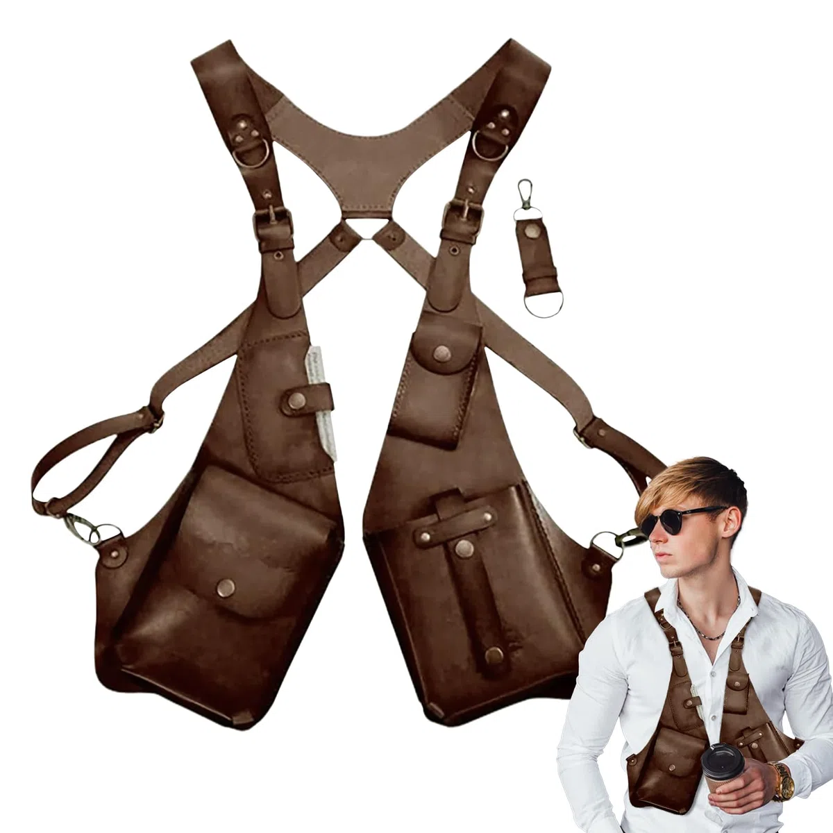 Arnés antirrobo, arnés antirrobo para hombres | Doble bolso de hombro medieval cosplay para hombres y mujeres, cartera ajustable de piel sintética, funda para teléfono móvil al aire libre