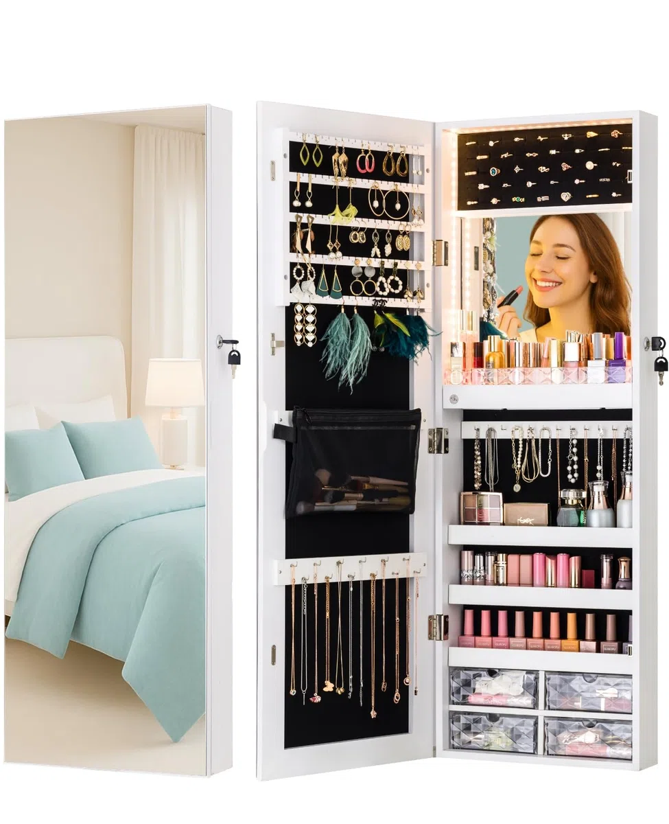 LUXFURNI Espejo con luces LED para colgar en la pared o en la puerta, espejo de longitud completa de 42 pulgadas con almacenamiento, espejo de maquillaje integrado, organizador de espejo de joyería