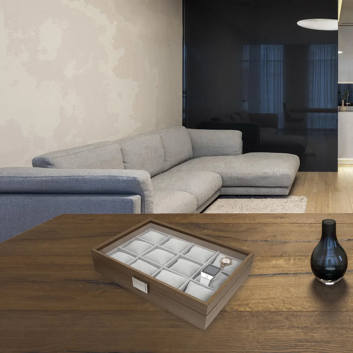 Genérico Caja de reloj organizadora de madera con 12 compartimentos para reloj y pendientes, perfecta para decoración y almacenamiento en casa y tienda