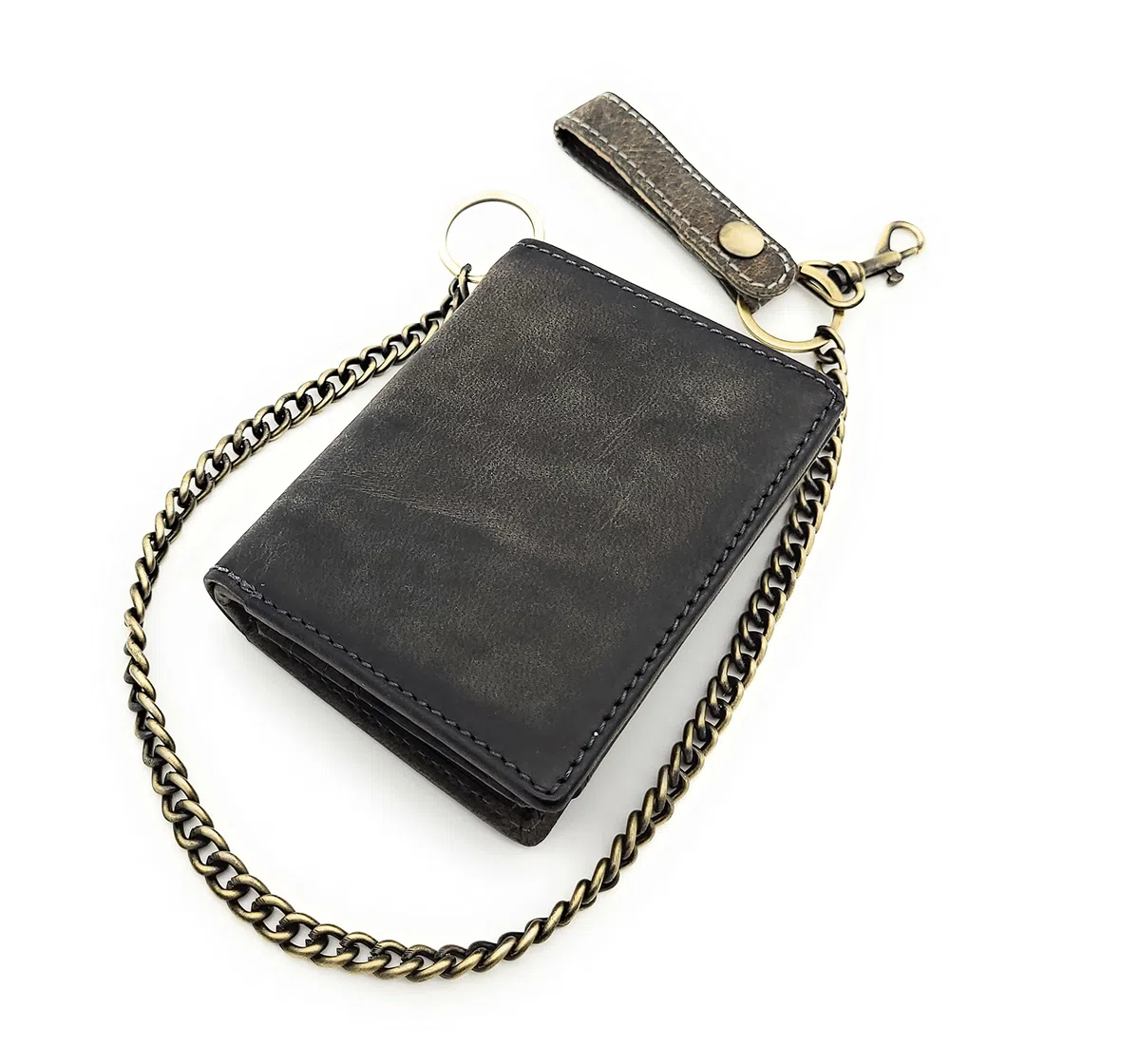 Biker Geldbörse mit Kette naturbelassenes Hunterleder Portemonnaie mit RFID Schutz Totenkopf, Gris Neutral, medium, Contemporáneo