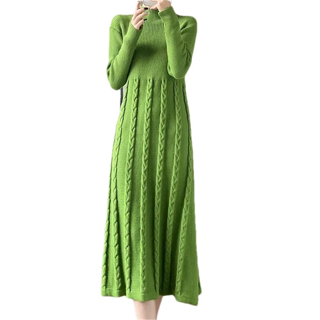 Vestido de punto para mujer, otoño, invierno, línea A, liso, drapeado, casual, cálido