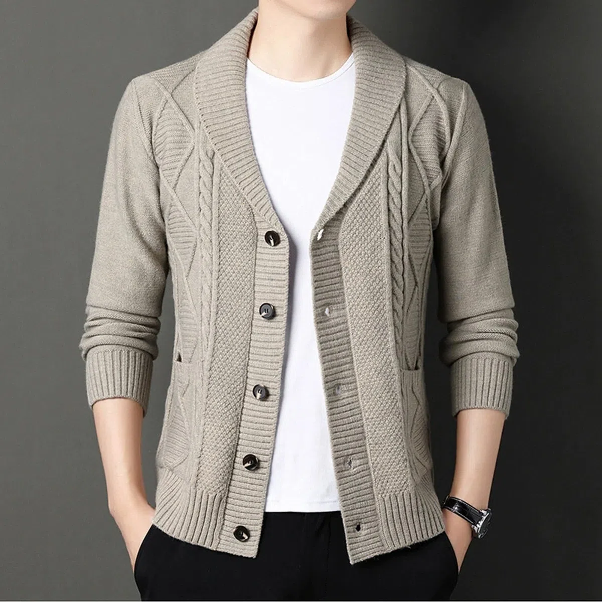 Cárdigan De Invierno para Hombre, Chaqueta De Punto Elegante Hombre con Cuello Chal Suéter Cuello V Punto Manga Larga Solapa Cuello Abrigo De Punto con Bolsillos para Otoño E Invierno