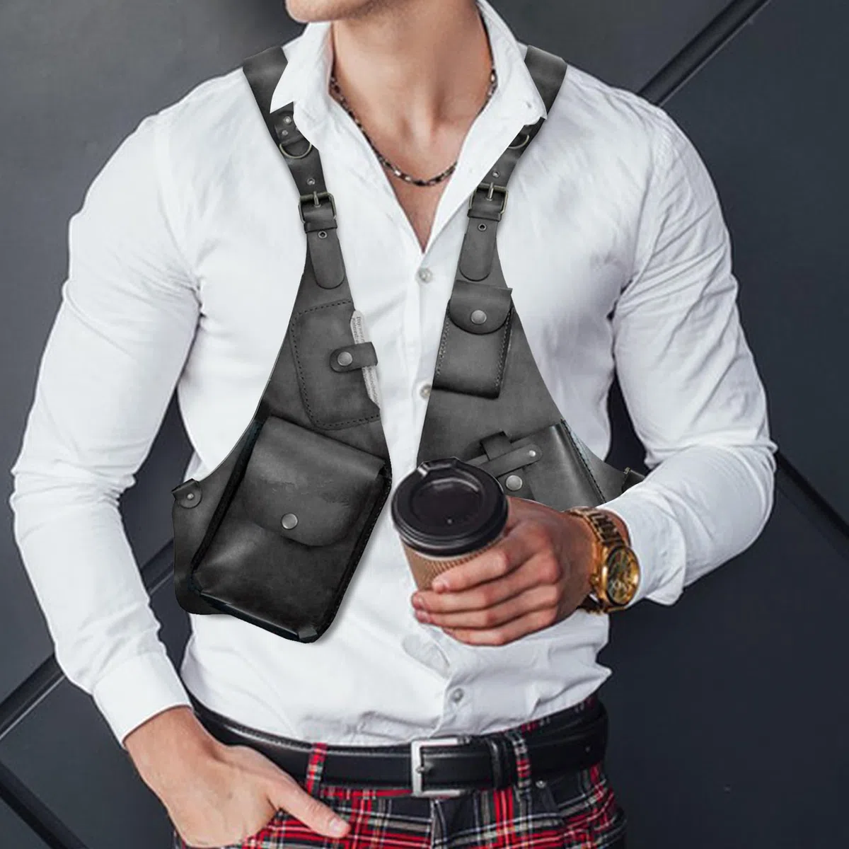 Arnés antirrobo para hombre de piel, arnés antirrobo de piel, bolso de hombro medieval con antebrazo, funda para teléfono móvil para hombres y mujeres, cartera ajustable de piel sintética