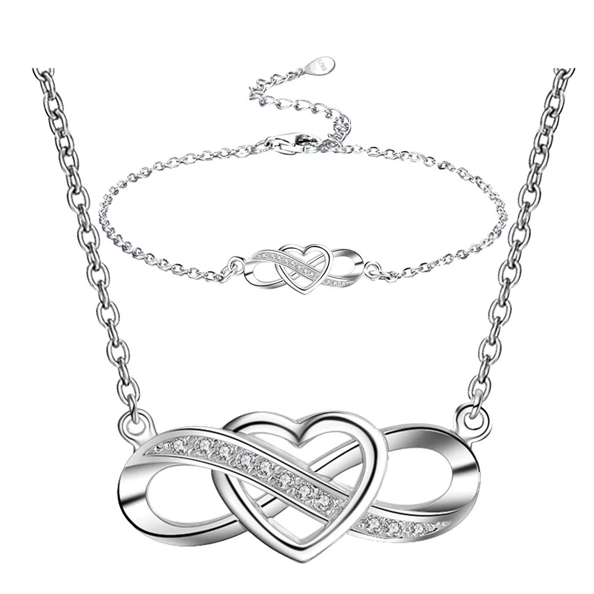 Juego de Collar y Pulsera de Corazón Infinito | Plata 925 con Cristal Austriaco | Elegante Set de Joyería para Ella