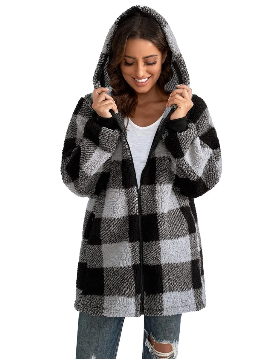 ABINGOO Sudadera con Capucha Mujer Polar Invierno Chaqueta con Bolsillos | Oversize Hoodies Cálida Cremallera Jersey Cálido Abrigos a Cuadros Sueltos