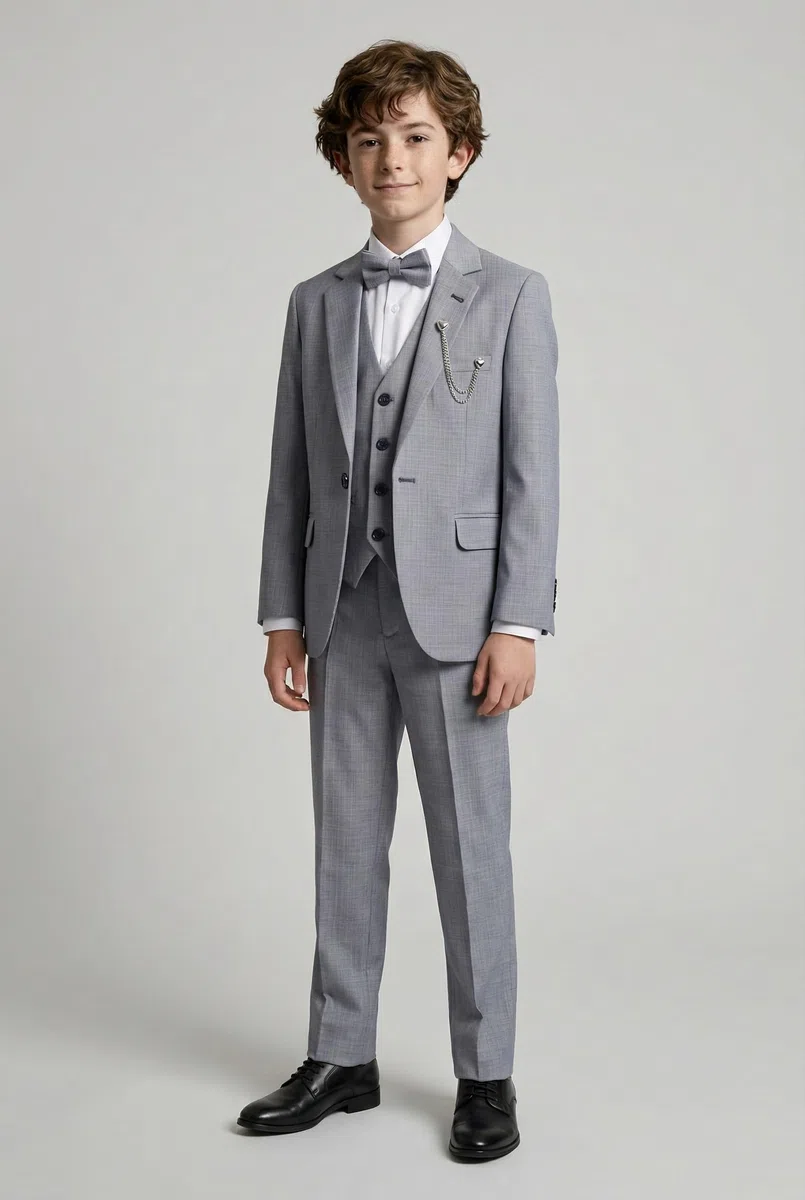 Traje Formal Texturizado de 6 Piezas para niños, Corte Ajustado, para pajes, Bodas, comuniones Autocomprobación Gris, Tamaño 9 Años