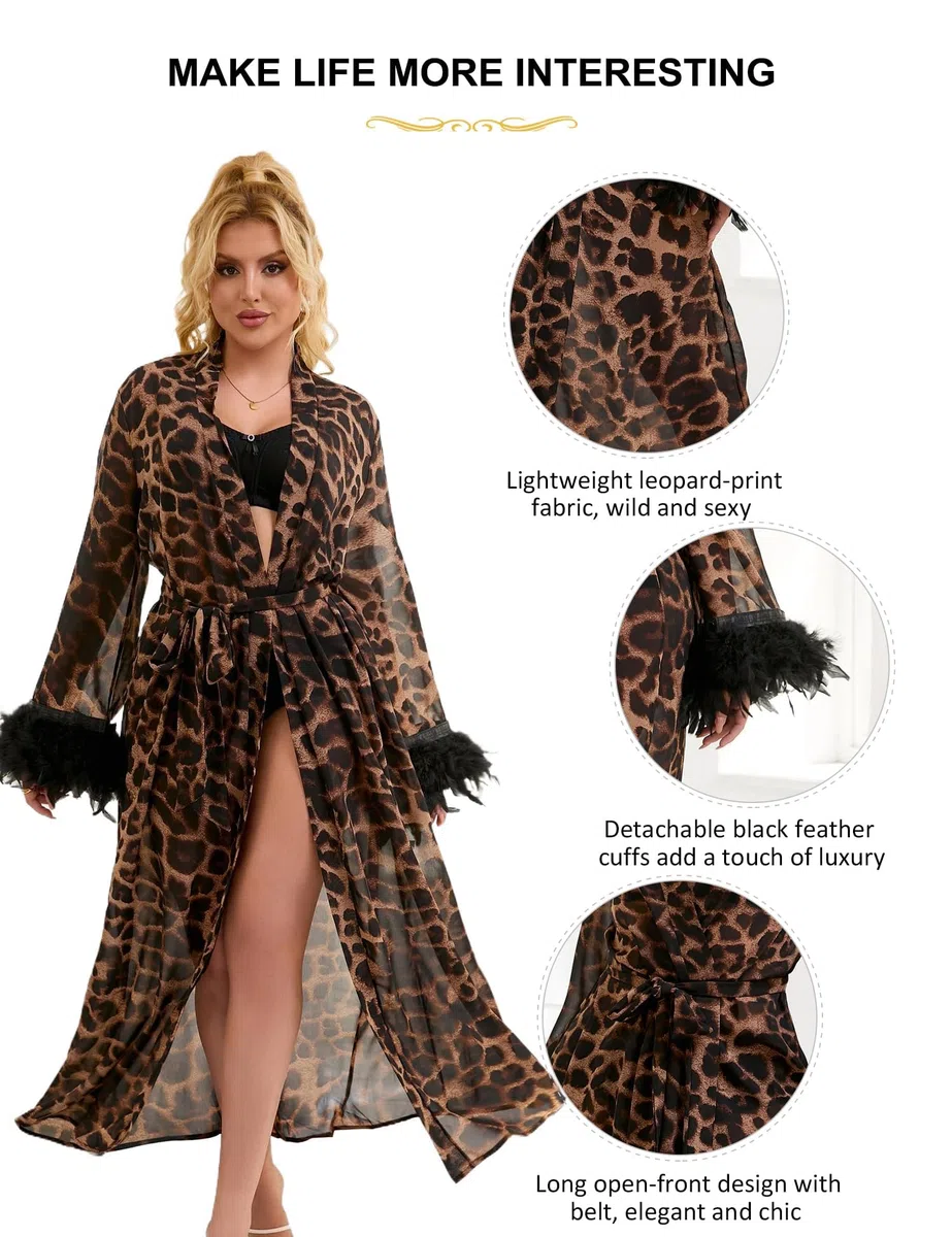 Leopard Sexy Bata Mujer Bata Larga con Plumas Kimono Albornoz para Mujer Ropa de Dormir Camisón Pijamas Negligee con Cinturón Gasa Elegante Transparente Tallas Grandes S-2XL