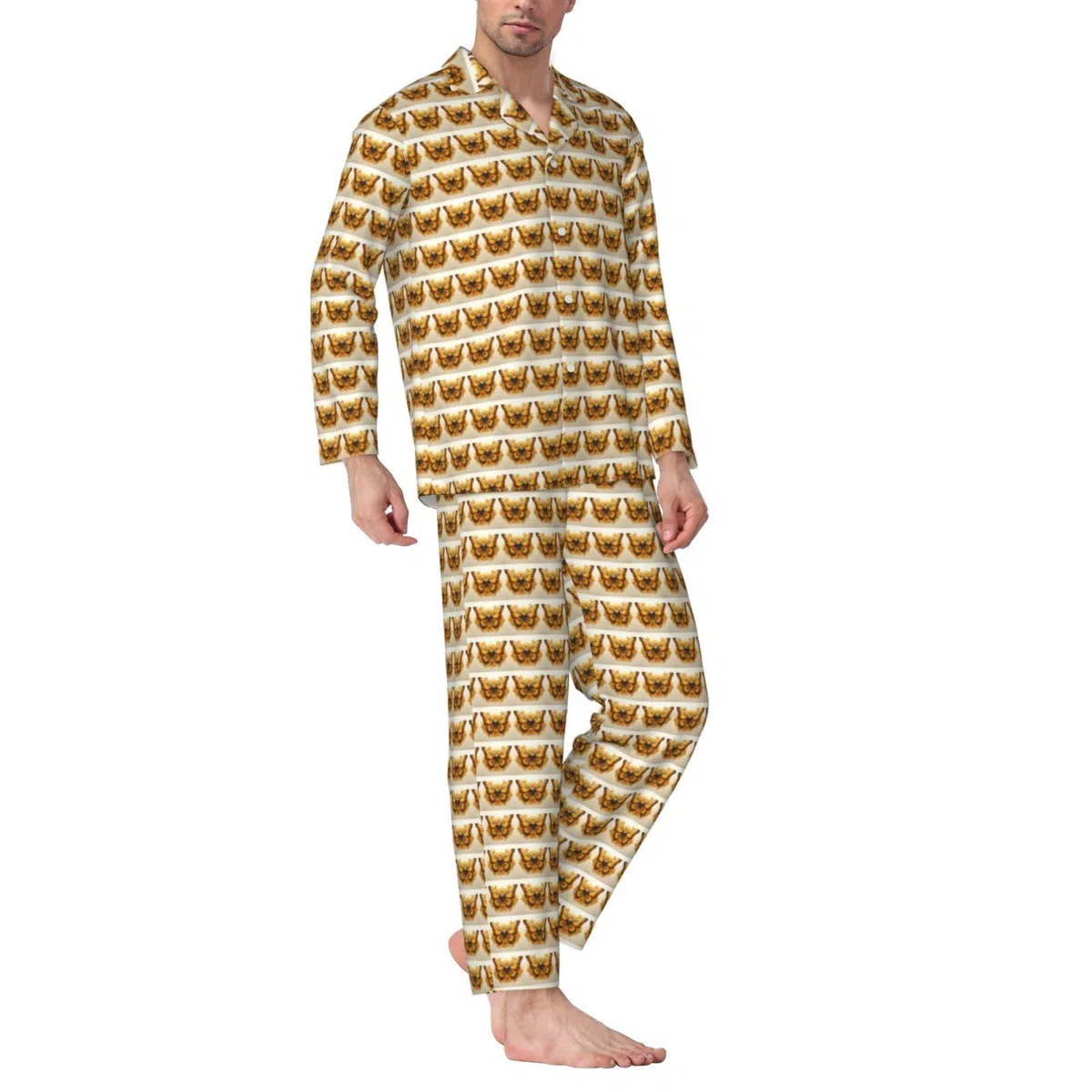 Conjunto de pijama de manga larga para hombre con estampado de girasoles y mariposas, de dos piezas, transpirable, ropa de dormir para el hogar