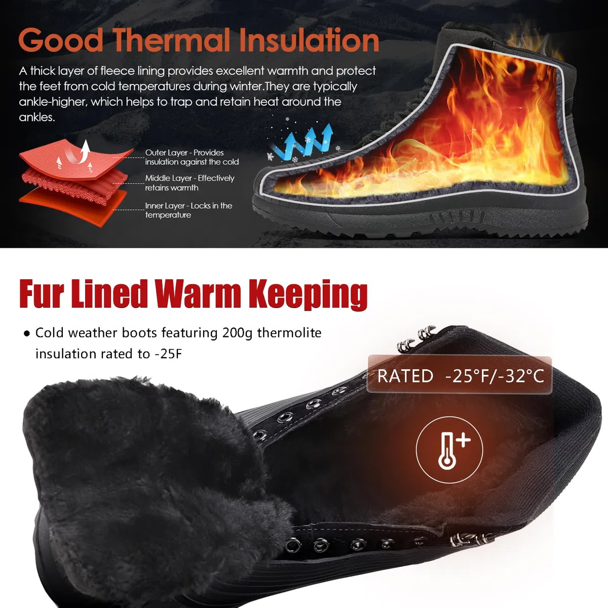 ulogu Botas de nieve para hombres y mujeres, botines aislados impermeables con forro de piel, antideslizantes, ligeros, zapatos de invierno, Negro -, 8 Women/6 Men